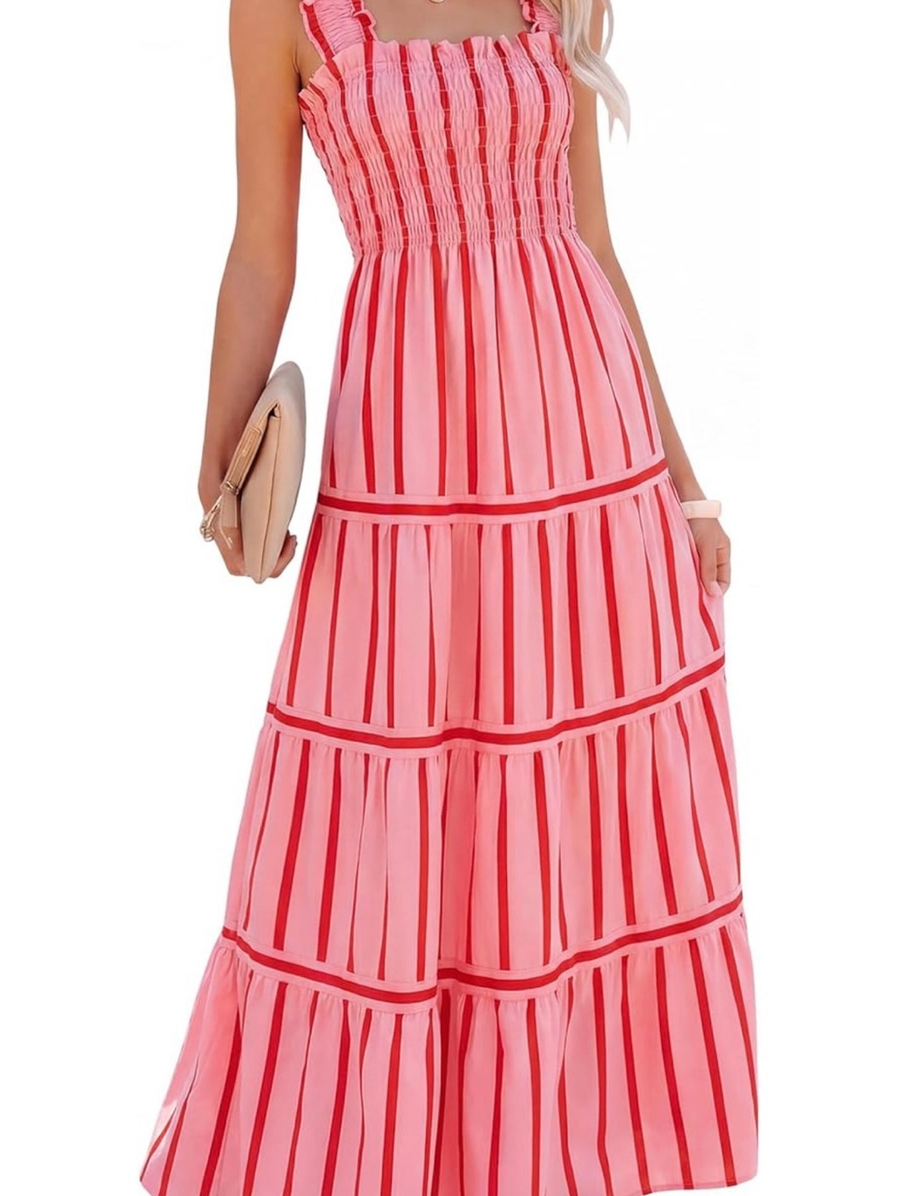 Pink Striped Smocked Bodice Maxi Dress